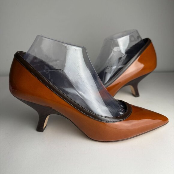 Tory Burch Angle Pointed Toe Pumps Patent Leather Tan Chocolate Size 8M Preppy - Picture 2 of 13